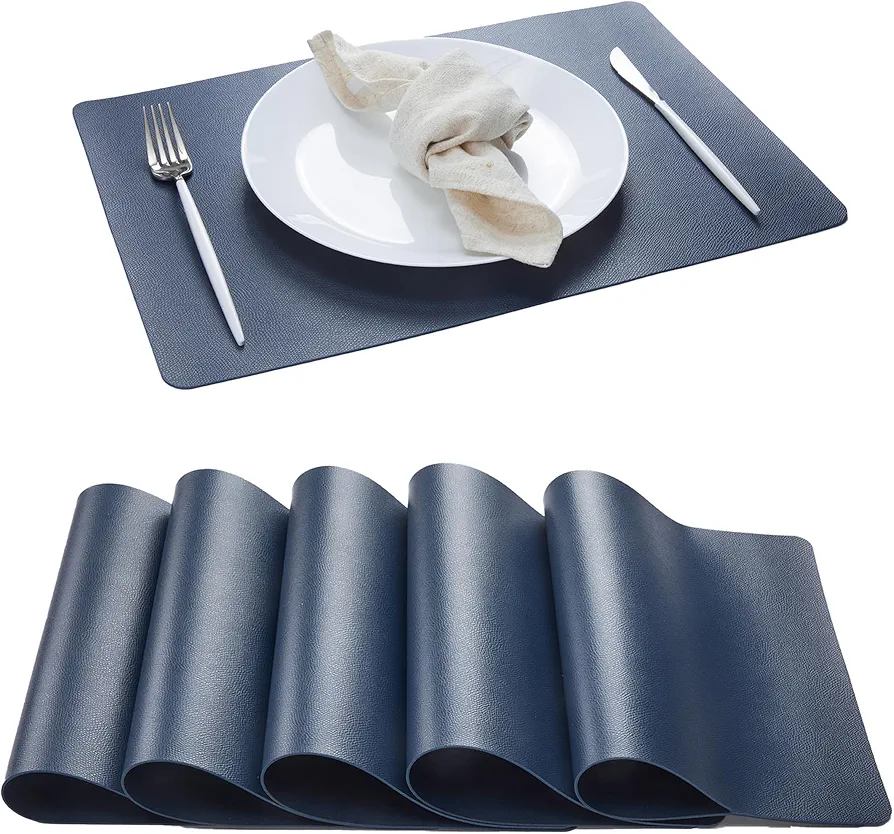 DOLOPL Placemats Set of 6, Faux Leather Heat Resistant Placemats - Waterproof - Anti Slip Table Place Mats, Washable Wipeable Outdoor Placemats for Kitchen Dining Room Table Decorations, Navy Blue