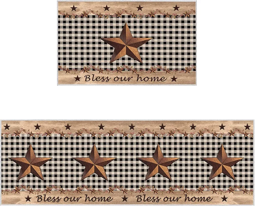 Kitchen Rug Set of 2, Farmhouse Black Plaid Non-Slip Floor Mats Absorb Standing Doormat, Vintage Country Star Soft Anti Fatigue Runner Rugs Carpet for Bathroom Living Room (15.7x23.6+15.7x47.2 inch)