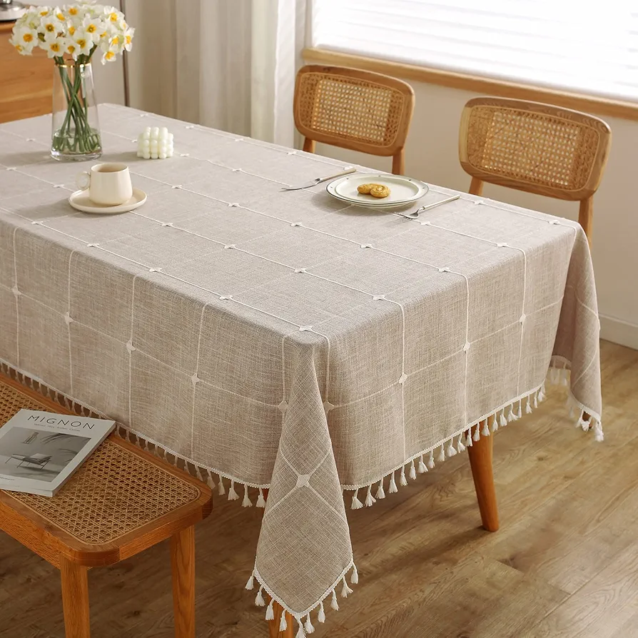 Tablecloths for Rectangle Tables,Cotton Linen Table cloth Waterproof Tablecloth Wrinkle Free Farmhouse Dining Table Cover,Soft Fabric Table Cloths with Tassels,Plaid,55" X 102",8-10 Seats