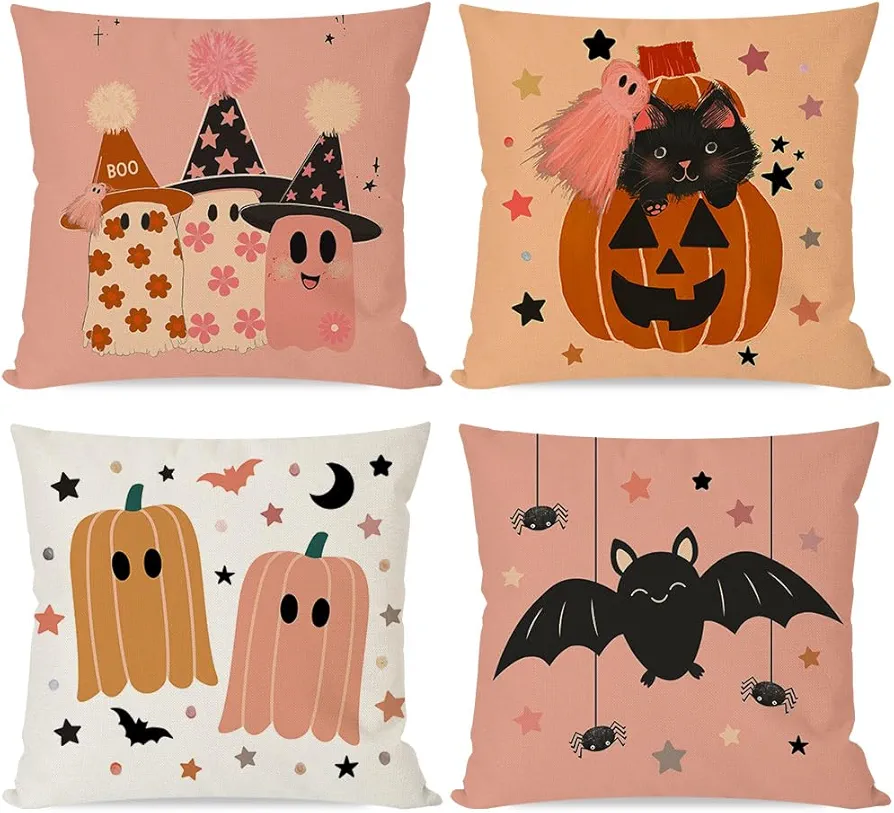 Cute Halloween Throw Pillow Covers 18x18 Orange Ghost Jack O Lantern Pumpkin Black Cat Bat Pink Halloween Decorations Indoor Decorative Pillow Cases Set of 4 for Home Living Room Couch Decor