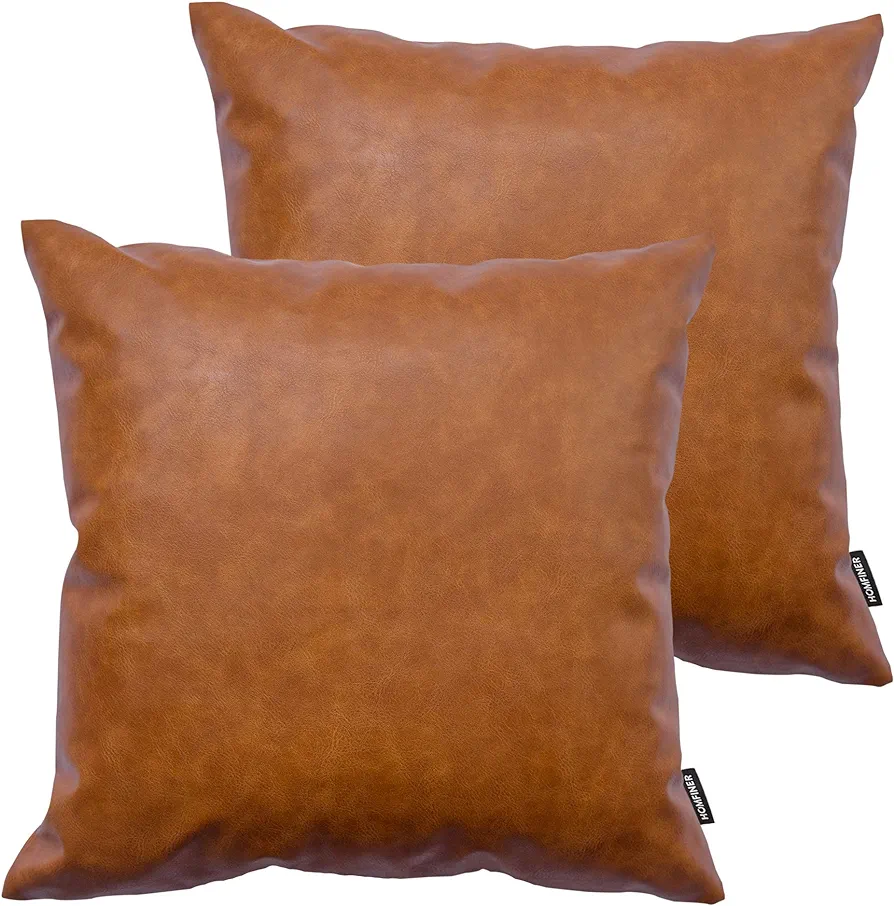 Faux Leather Throw Pillow Covers, 18 x 18 inch Set of 2 Thick Cognac Brown Modern Solid Decorative Square Bedroom Living Room Cushion Cases for Couch Bed Sofa