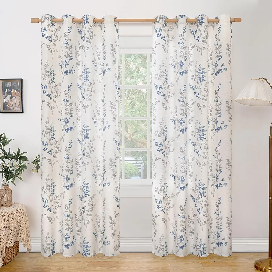 BGment Linen Curtains for Living Room 84 Inch Length 2 Panels Set Floral Leaf Patterns, Light Filtering Privacy Window Curtains for Bedroom Boho Farmhouse Vintage, Each 52 Inch Wide, Navy