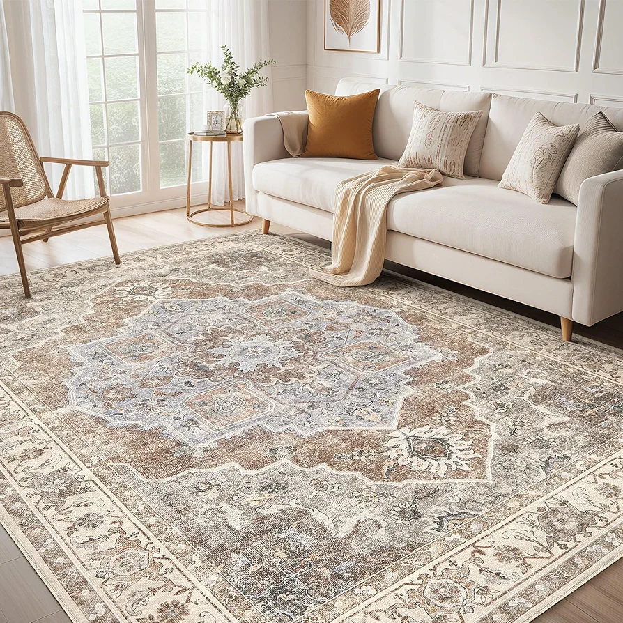 Washable 8x10 Area Rugs for Living Room - Vintage Distressed Retro Neutral Farmhouse Thin Large Rug Indoor Floor No Slip Rug Carpet for Bedroom Dining Room Decor - Grey Brown