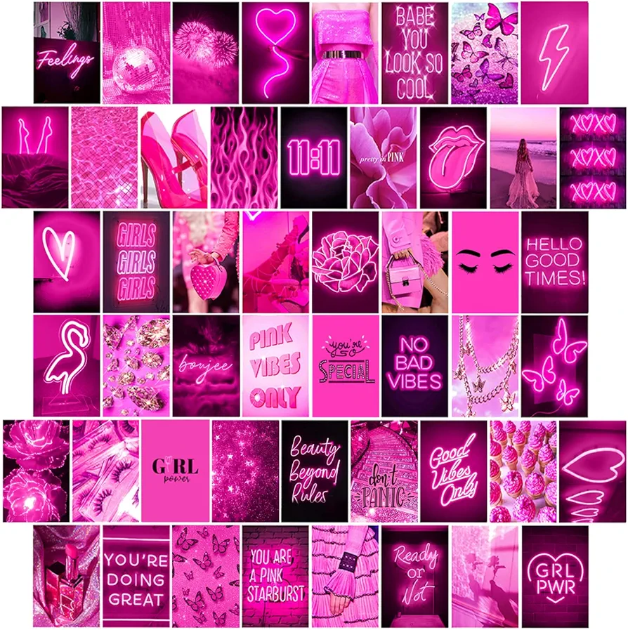 WOONKIT Pink Wall Collage Kit, Pink Neon, Hot Pink Room Decor, Bedroom Decor for Teen Girls, Pink Room Decor Aesthetic, Pink Poster, Hot Girl Poster, Hot Pink, Pink Wall Collage 50pcs 4x6 Inch