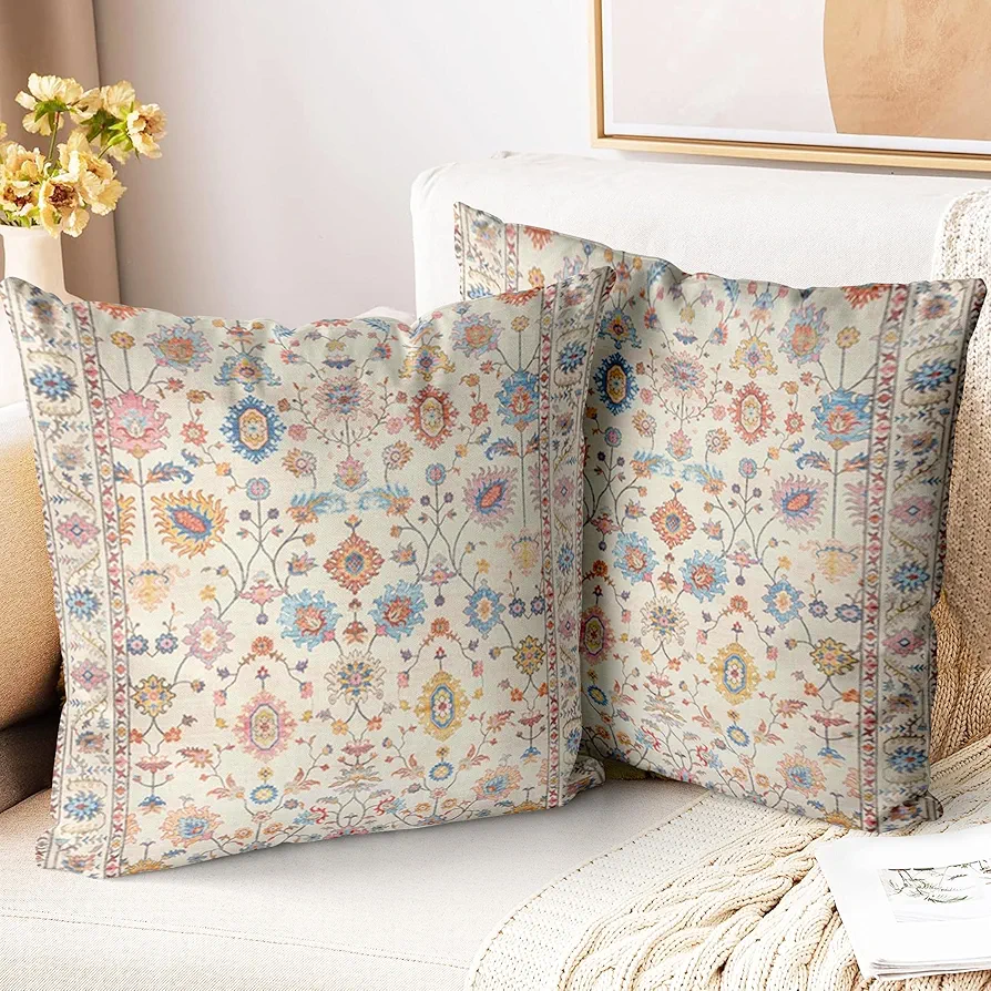 Boho Throw Pillow Covers 18x18 inch Set of 2,Soft Pillowcases Monaco Rug Persian Carpet Pattern Decorative Sofa Living Room Bed Square Pillow Case Cushion Cover-Flower