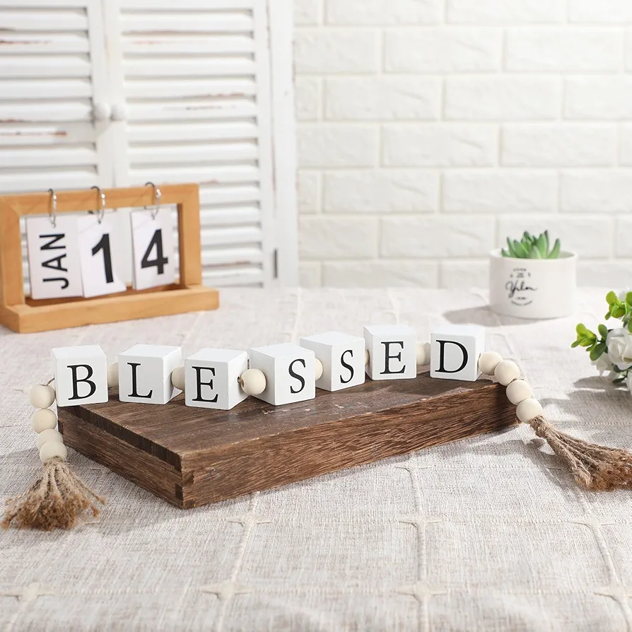 Wood Letter Block Bead Garland with Tassels Home Blessed Farmhouse Decorative Beaded Garland Decor for Home Living Room Coffee Bar Tabletop Mantel Shelf Tiered Tray Decor, 23 Inch(Blessed)