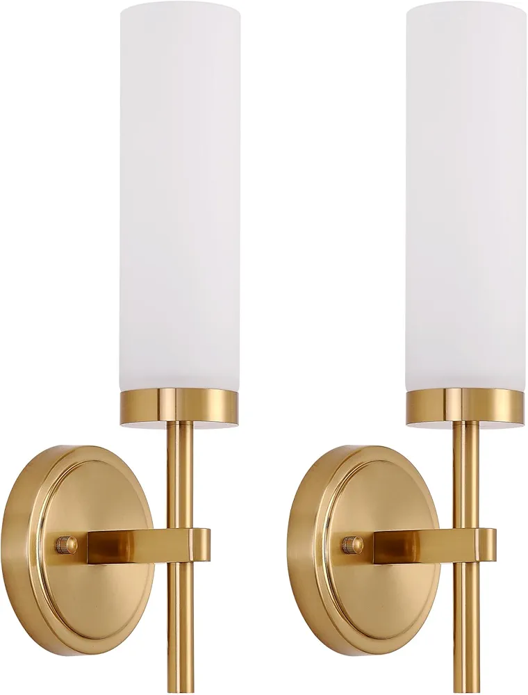 Gold Bathroom Wall Sconces Set of 2, Modern Sconces Wall Lighting Vanity Light Fixtures with Opal White Glass Shade, Brushed Brass Wall Lights for Mirror Living Room Bedroom Hallway Kitchen Stairs