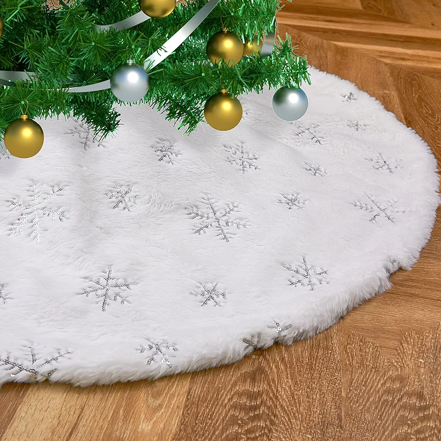 36inch Christmas Tree Skirt Snowy White Fluffy Tree Mat Faux Fur Xmas Double-Layers Tree Skirt for Christmas Decorations Holiday Ornament Living Room Tree Mats with Sequin Embroidery