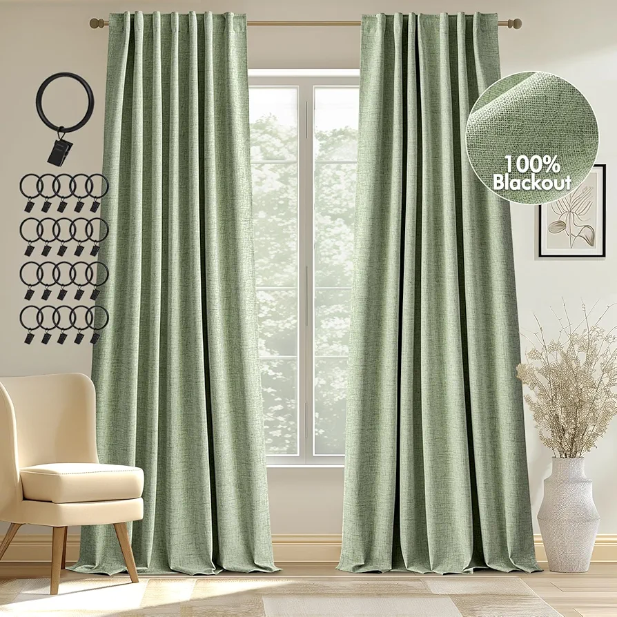 MIULEE 100% Blackout Curtains 96 inches Long, Linen Curtains & Drapes for Bedroom Living Room Back Tab Black Out Window Treatments Thermal Insulated Room Darkening Rod Pocket, Sage Green, 2 Panels