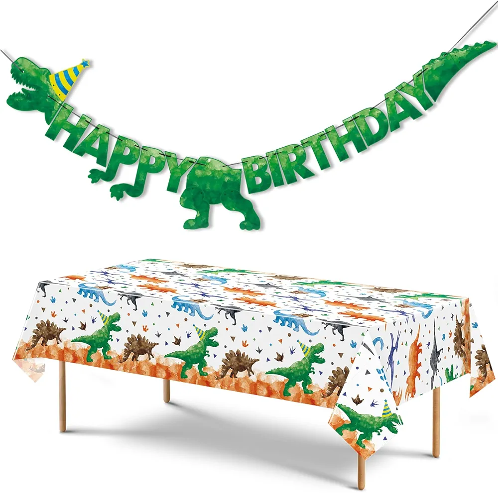 WERNNSAI Watercolor Dinosaur Party Table Cover Dinosaur Party Banner Birthday Decorations for Kids Boys Party Supplies