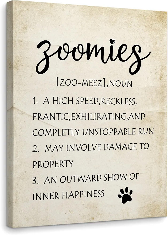 WODMIS Dog Wall Decor, Zoomies Dog Definition Framed Canvas Wall Art, Gift for Dog Lover Mom Onwer, Pet Puppy Paw Canvas Wall Art Home Decorations for Farmhouse Living Room Bathroom Decor 16x24