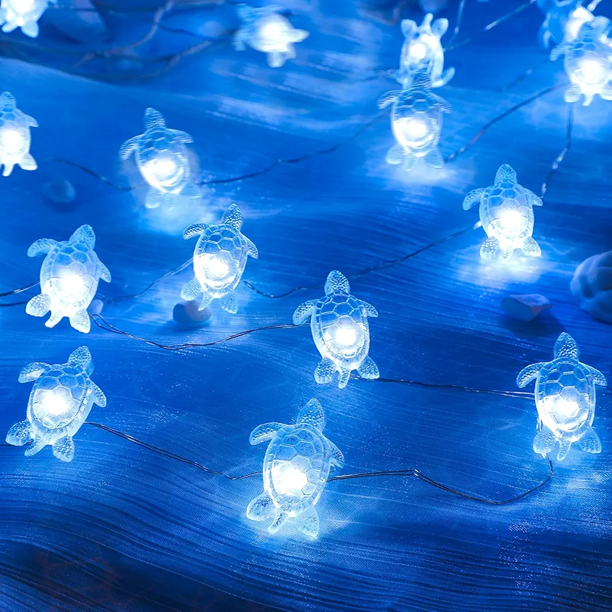 Turtle String Lights Battery Operated with Remote 10FT 40LEDs Ocean Under The Sea USB Plug-in Fairy Blue Lights Table Tray Summer Theme Decor for Home Party Beach Theme Room