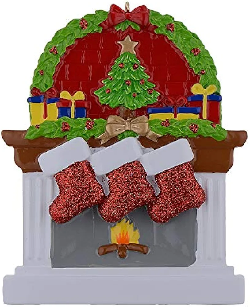 MAXORA Fireplace Family of Three Personalized Christmas Ornament 2024 - Family of 3 Mantel Stockings Ornament - Roommates Ornaments - Fireplace Red Glitter Stockings Winter Activity Tradition