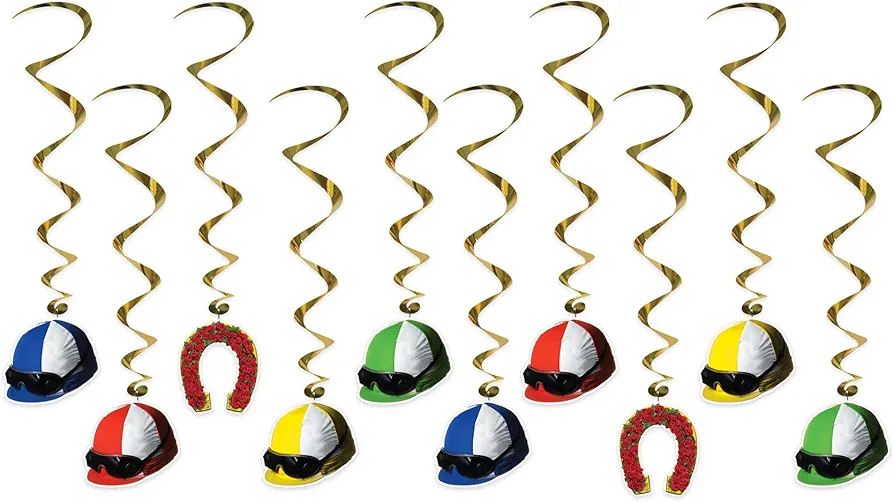 Beistle 10 Piece Equine Theme Jockey Helmet Whirls Hanging Spirals for Horse Racing Party Decorations, 37", Multicolor