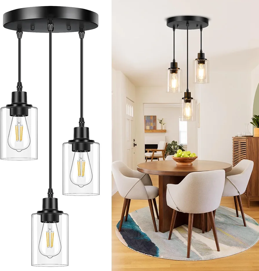 Licperron 3-Light Pendant Light Fixtures, Black Pendant Lights Kitchen Island, Adjustable Pendant Lighting with Clear Glass Shade, Modern Hanging Light Fixtures for Dining Room, Hallway, Living Room