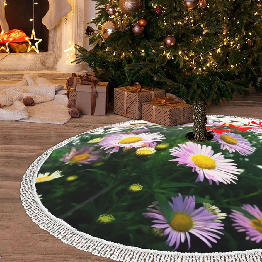 Christmas Tree Skirt with Tassel Daisy Plants 36" Xmas Tree Skirts Tassel Tree Mat Ornament for Home Indoor Outdoor Room Holiday Decoration