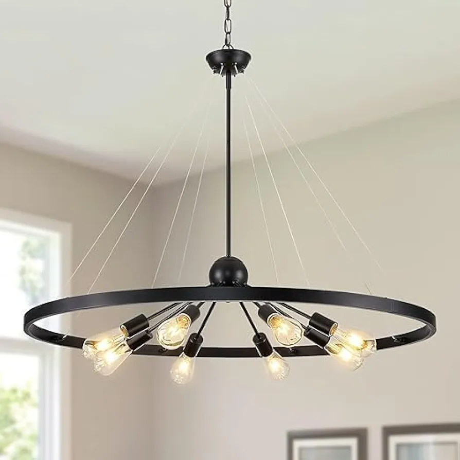 Farmhouse Chandeliers for Dining Room, Modern 8-Light Wagon Wheel Chandelier Light Fixture, Round Rustic Large Chandeliers for High Ceilings, Entryway, Foyer, Living Room, Porch,Black