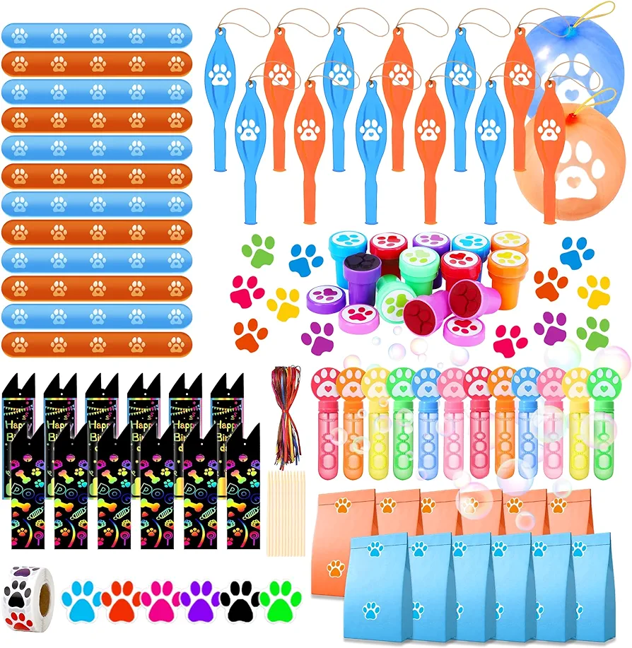 Dog Paw Party Favors for Kids, 97PCS Paw Print Party Supply Set for for Goodie Bag Filler, Treasure Box, Classroom Rewards, Carnival Prizes, Pinata Stuffers, Christmas gifts for Boys and Girls