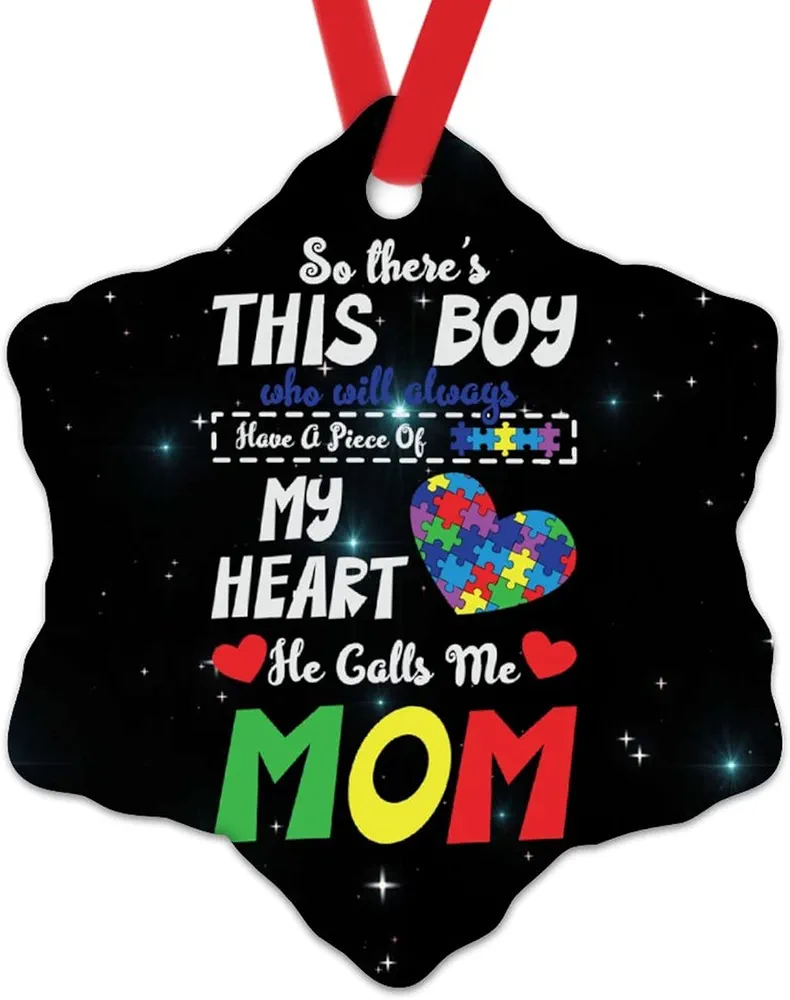 Autism Awareness Christmas Tree Ornament This Boy He Calls Me Mom Xmas Hanging Christmas Party Supplies Puzzle Pieces Autism Ceramic Ornaments for Xmas Decorations