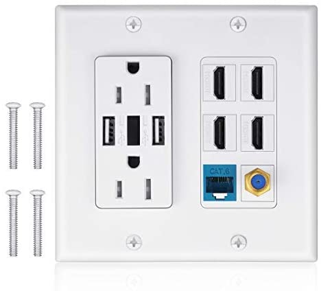 2 Power Outlet 15A with Dual 2.4A USB Charger Port Wall Plate with LED Lighting, IQIAN 4 HDMI HDTV + 1 CAT6 RJ45 Ethernet + Coaxial Cable TV F Type Keystone Face Plate White