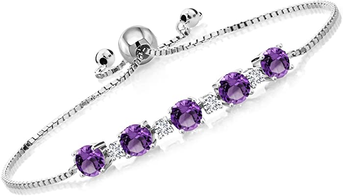 Gem Stone King 925 Sterling Silver Purple Amethyst and White Lab Grown Diamond Women Tennis Bracelet (2.64 Cttw, Gemstone Birthstone, Fully Adjustable Up to 9 Inch)