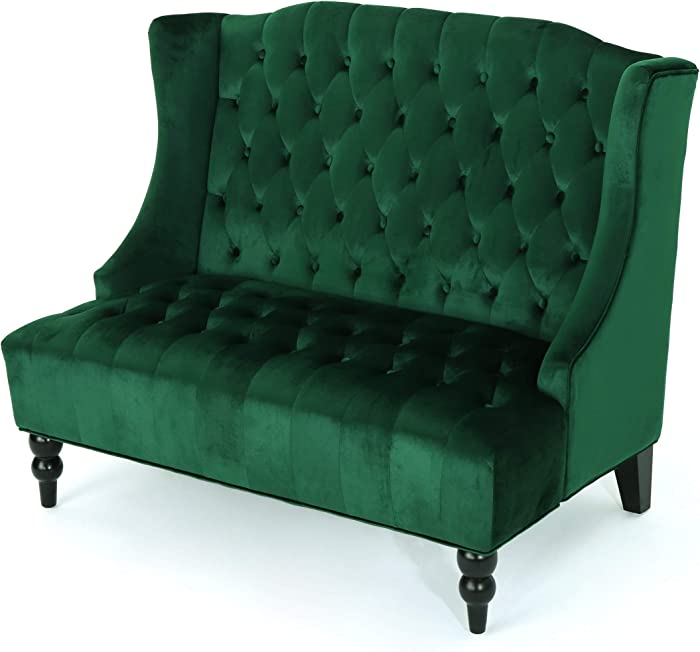 Christopher Knight Home Leora Modern Glam Tufted Velvet Wingback Loveseat, Emerald / Dark Brown