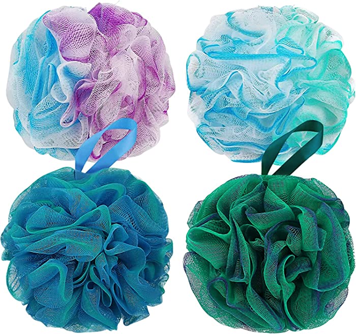 DadyMart Bath Shower Loofah Sponge 75g Bath Mesh Pouf Shower Ball Body Scrubber Exfoliating Bath Sponge for Women and Men, Set of 4, Flower Color