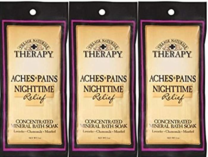 Village Naturals Therapy Aches+Pains Nighttime Relief Concentrated Mineral Bath Soak Lavender,Chamomile,Menthol (2oz) (Pack of 3)