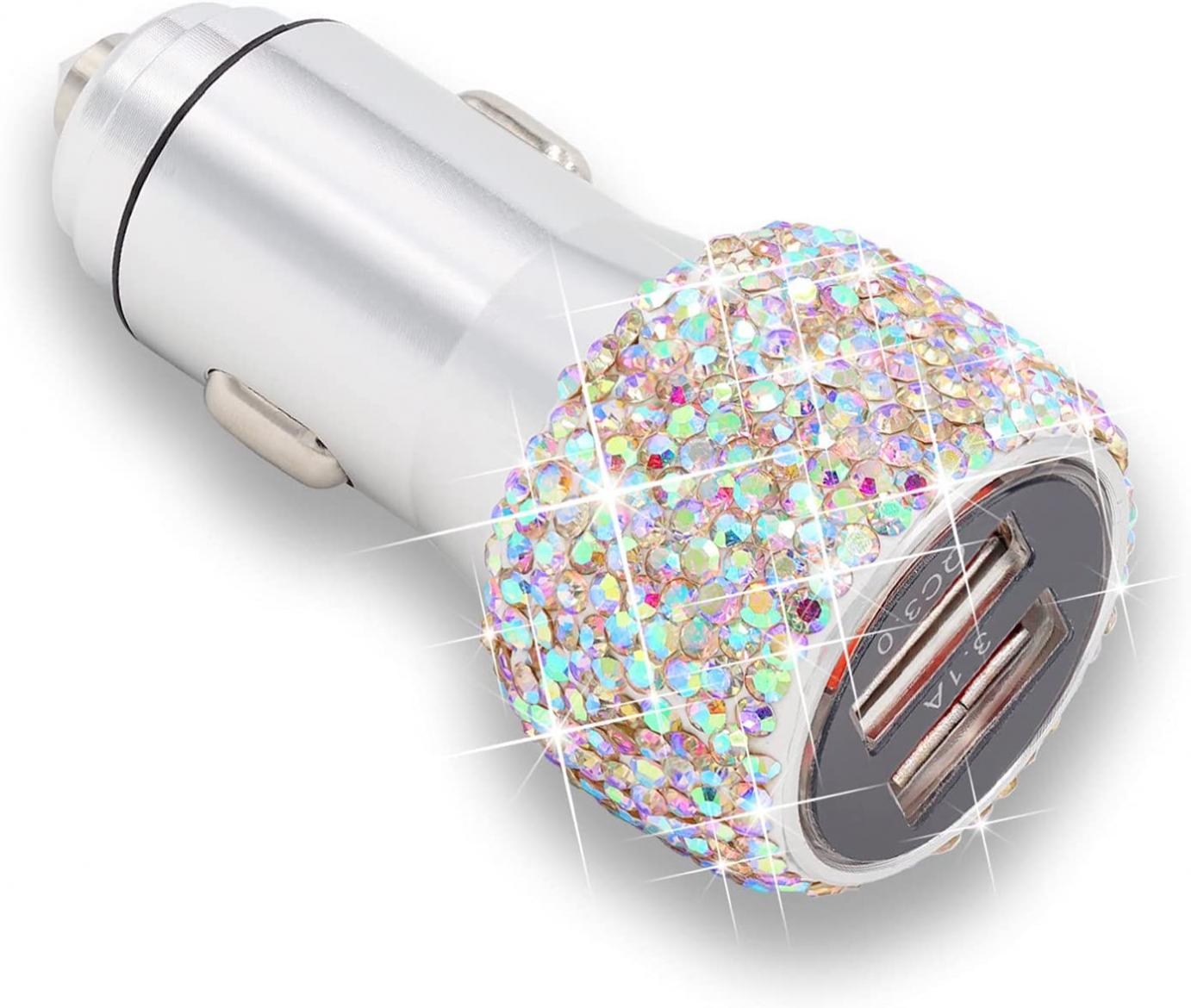 Bling Dual USB Car Charger Quick Charge 3.0 Crystal Fast Charging Cigarette Adapter Women Cute Car Accessories for iPhone Samsung Galaxy S10/S9/S8/S7/S7 Edge/S6/Edge+ Nexus 6P/5X,LG,Nexus(Multicolor)