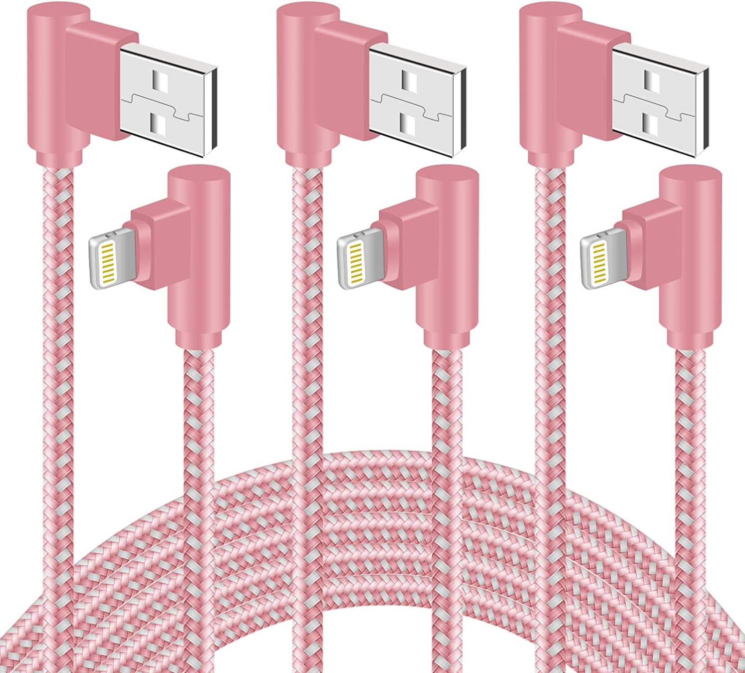 iPhone Charger 10 FT [Apple MFi Certified] 90 Degree Lightning Cable 3 Pack Right Angle Braided iPhone Charging &Syncing Cord for iPhone 14/13/12 11 Pro X XS XR 8 Plus(Rose Gold, 10 Feet)