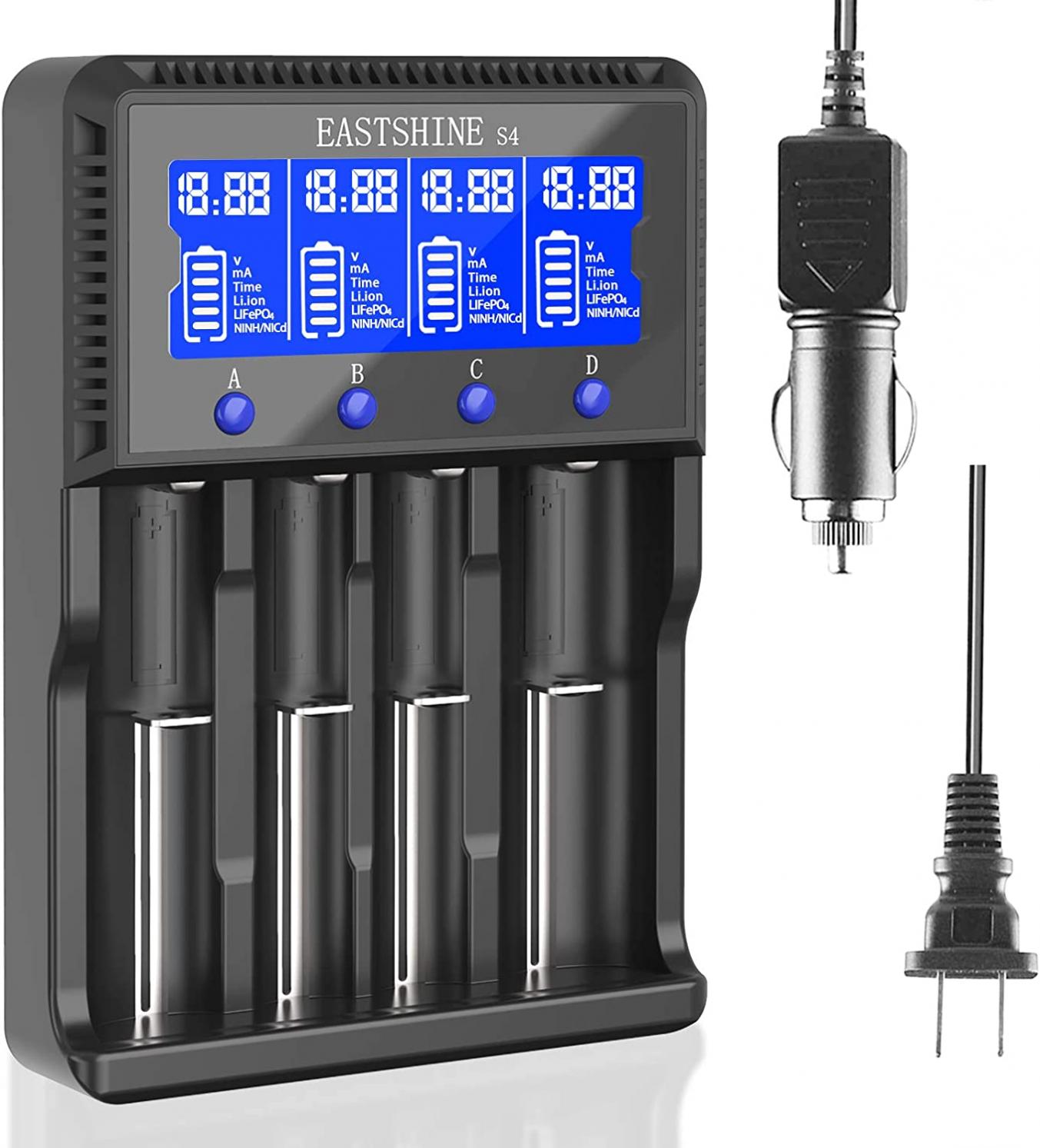 Universal Smart Battery Charger 4 Bay for Rechargeable Batteries NiMH NiCd AA AAA C Li-ion LiFePO4 IMR 18650 21700 20700 26650 14500 16340 18500 10440 18350 RCR123a LCD Display UL Listed