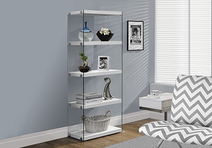 Monarch Specialties I Bookcase-5-Shelf Etagere Bookcase Contemporary Look with Tempered Glass Frame Bookshelf, 60"H, (White)