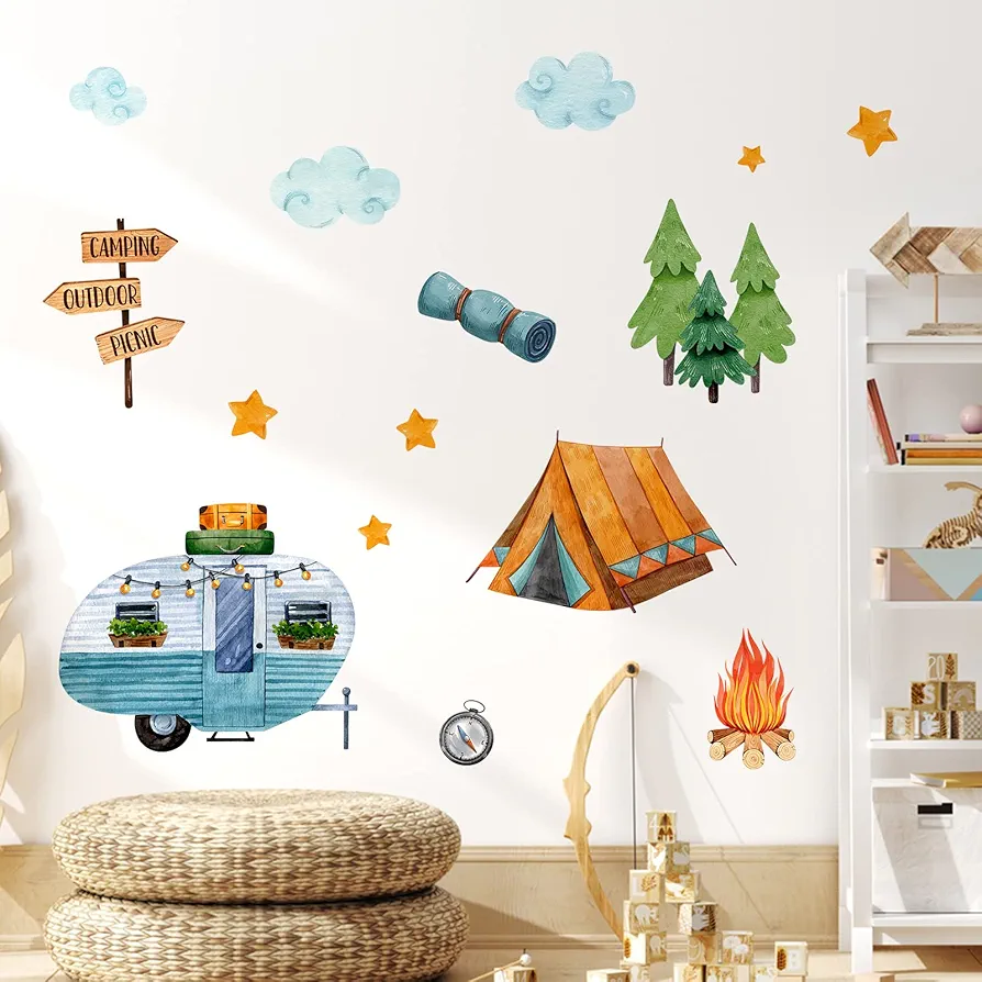 Yovkky Camping Tent Camper Kids Room Wall Decals Stickers, Neutral Outdoor Picnic RV Bonfire Nursery Playroom Decor, Pine Trees Cloud Stars Girls Boys Bedroom Home Classroom Decorations Art