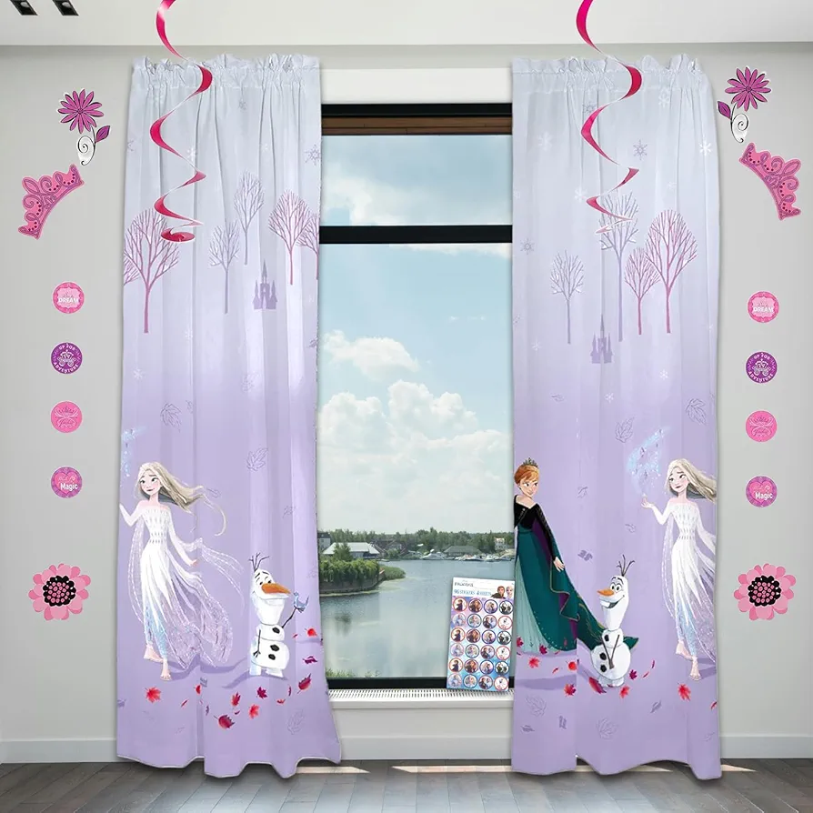 Disney Frozen Window Curtains and Wall Decor for Bedroom - Bundle with 82x63 Frozen Girls Bedroom Curtain Drapes Plus Wall Room Decor and More | Frozen Room Decor for Girls