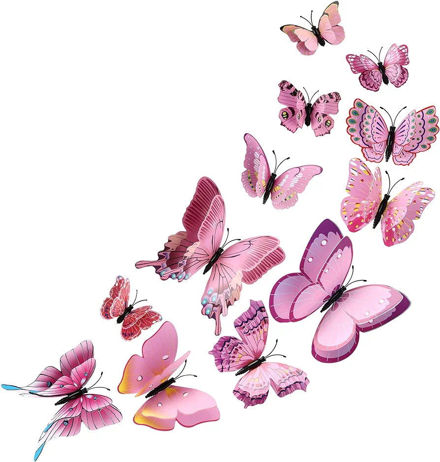 12PCS Butterfly Wall Decals Removable 3D Pink Butterflies Sticker with Magnets for Home Bedroom Kids Room Decor (Double Layer-Pink/12PCS)