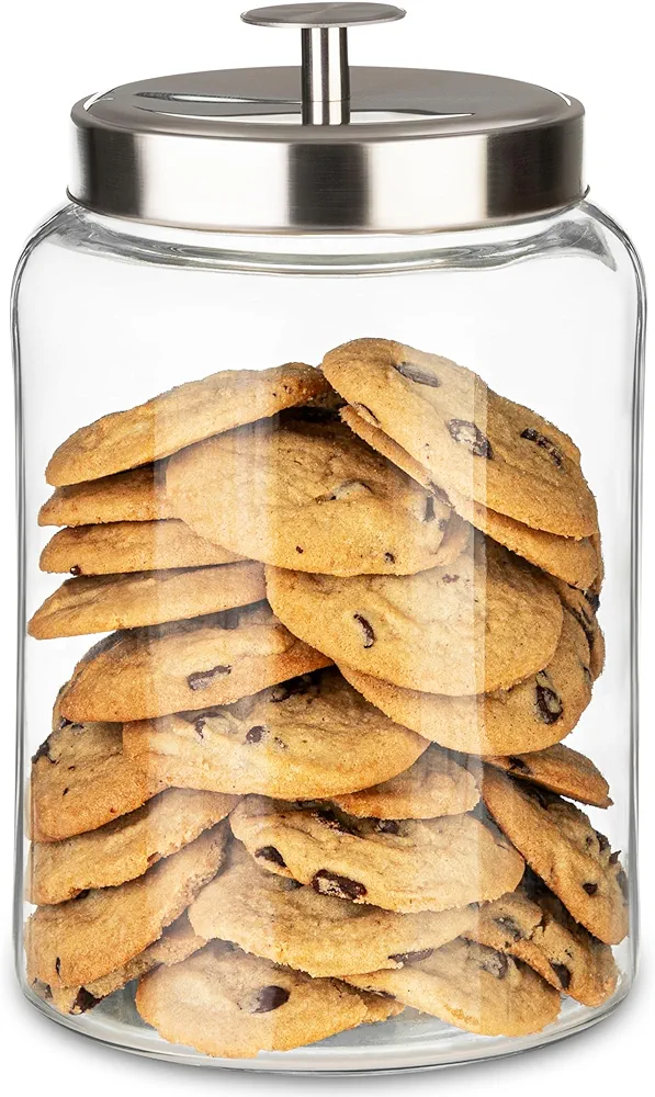 1 Gallon Glass Cookie Jar with Metal Lids - Airtight Food Storage Container for Freshness - Ideal for Flour, Chewy Pet Treats, Candy, Dried Foods Perfect for Kitchen or Laundry Room Use- Pack of 1