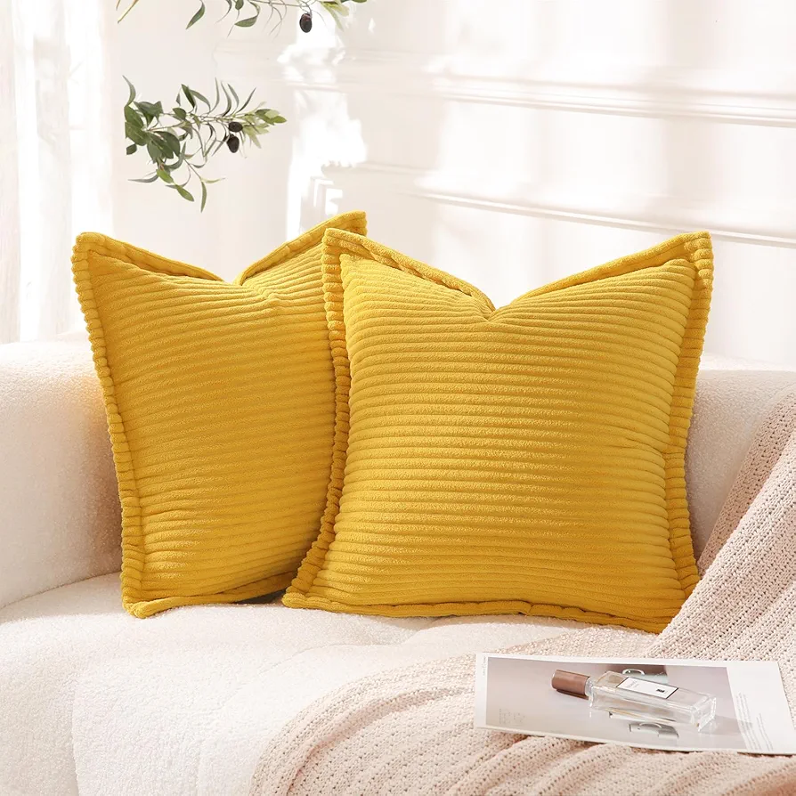 Corduroy Yellow Throw Pillow Covers Set of 2 Striped Boho Decorative with Edge Design,Super Soft Throw Pillow Cushion Covers for Couch Sofa Living Room Solid Square 18×18inch/45cm×45cm