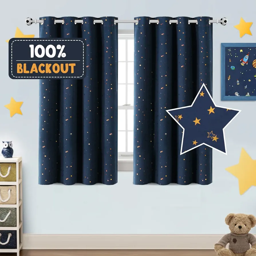 PrinceDeco Blackout Kids Curtains for Bedroom Thermal Insulated Bronze Twinkle Star Curtains for Boys Antique Grommet Top Window Treatment 2 Panels Drape for Nursery (52" W x 54" L, Navy/Bronze)