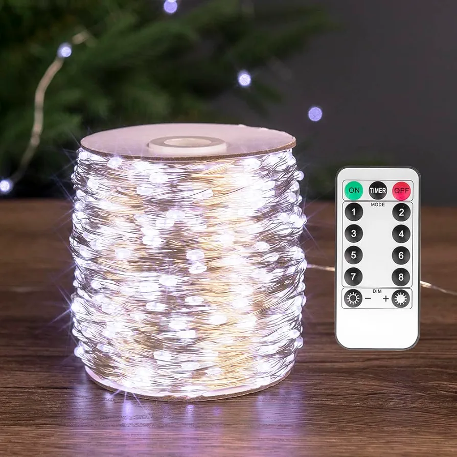 100FT Fairy Lights 300 LED Cool White Silver Wire Remote Control Indoor Outdoor Plug in String Lights for Bedroom Living Room Patio Porch Garden Christmas Tree