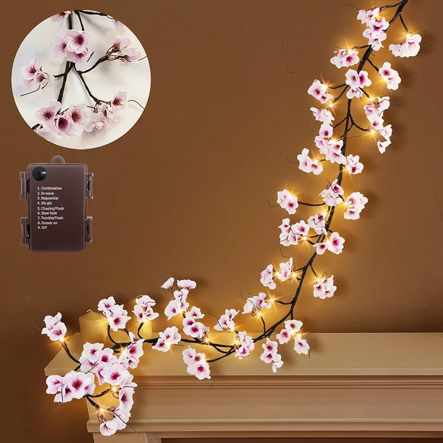 Lighted Cherry Blossom Garland with Timer 48 LED Fairy Lights 6FT for Mantle, Artificial Flower Vines with Lights 8 Modes Battery Operated Home Fireplace Wedding Party Room Decor