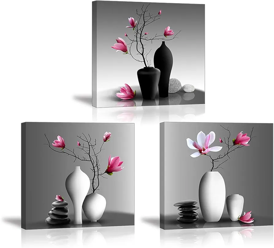 Flower Wall Art for Bathroom Hallway, SZ Elegant Orchid Still Life Canvas Painting Prints, Magnolia in Black and White Vases Picture (Ready to Hang, Waterproof Decor)