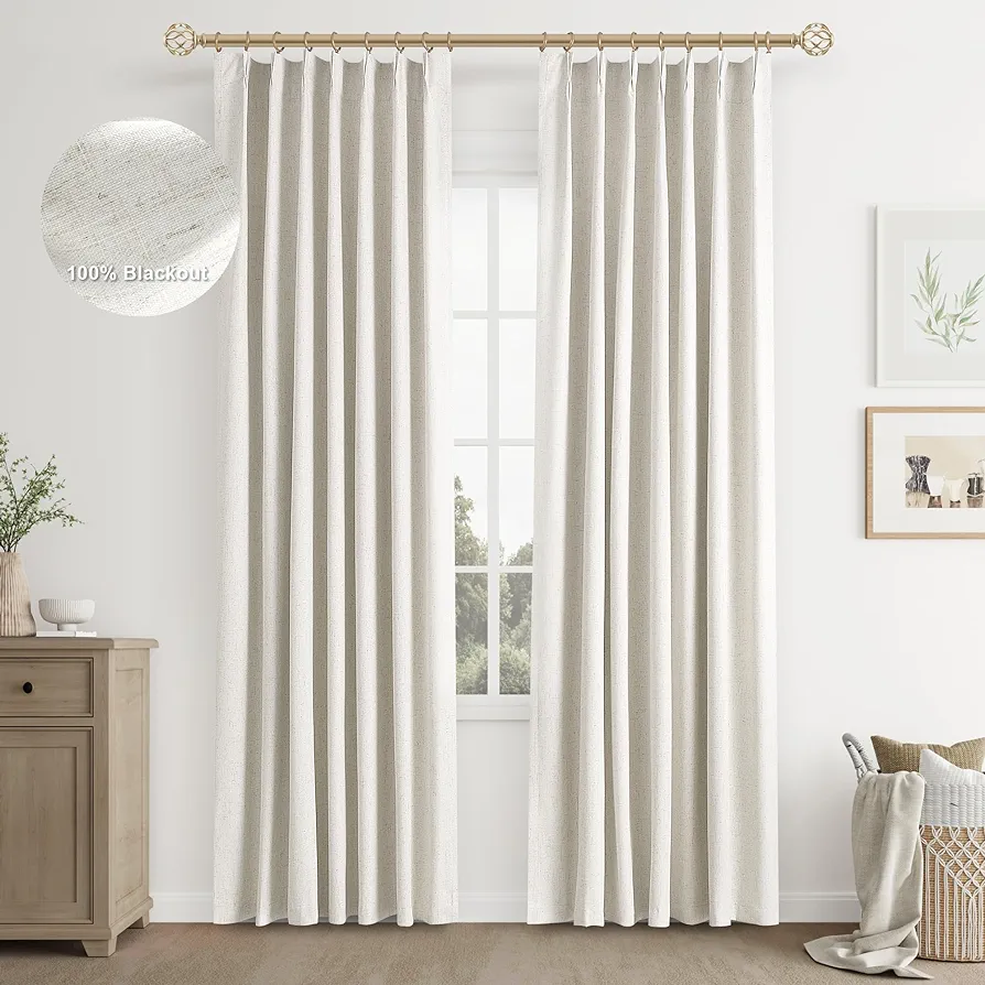 Joywell Cream Ivory Linen 100% Blackout Curtains 84 Inches Long,Pinch Pleated Back Tab Drapes with Hooks Light Blocking Thermal Insulated for Bedroom Living Room,W40 x L84,Natural Beige,2 Panels