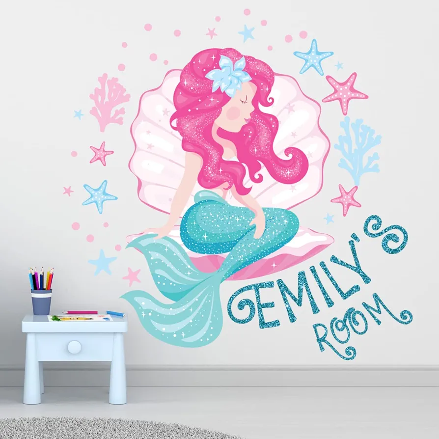 Little Mermaid Wall Decal Decor for Girls Bedroom - Large Tail Stickers Room Custom Name Pink Art Nursery KA1697, Green,Pink