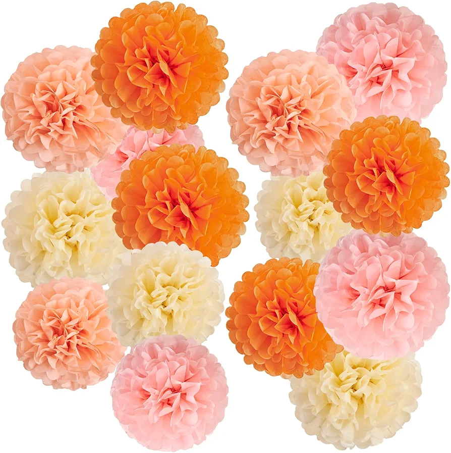 15Pcs Tissue Pom Poms Pink Orange Paper Flowers Hanging Decorations Orange Pink Flower Ball for Baby Shower Wedding Nursery Birthday Party Backdrop Home Outdoor