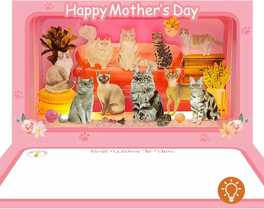 4D Pop Up Mothers Day Card with ligh, Cat Mother's Day Card For Mom, Living Room, Cat Themed (Cat Mother's Day Card)