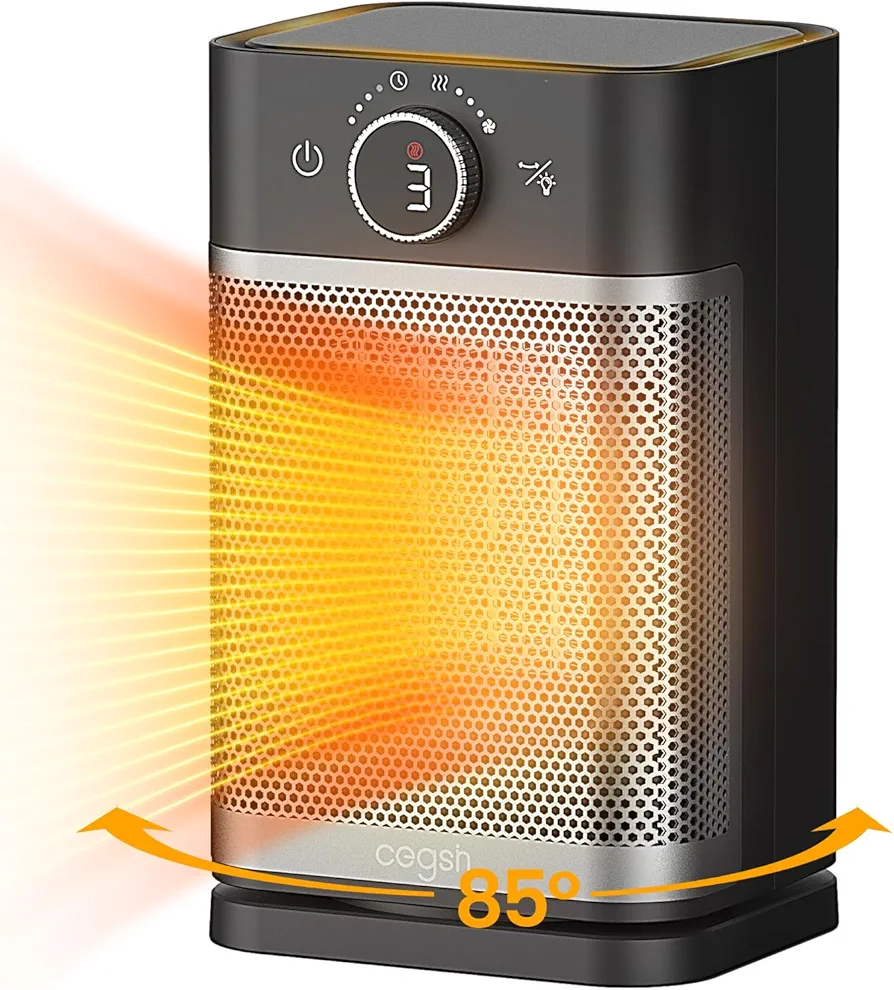 Space Heater, 85°Oscillating Portable Electric Heaters for Indoor Use, 1400W PTC Fast Safety Heat, Digital Display, 8H Timer, Fan Mode, Dust Filter, Small Desk Heater for Bedroom Office Home