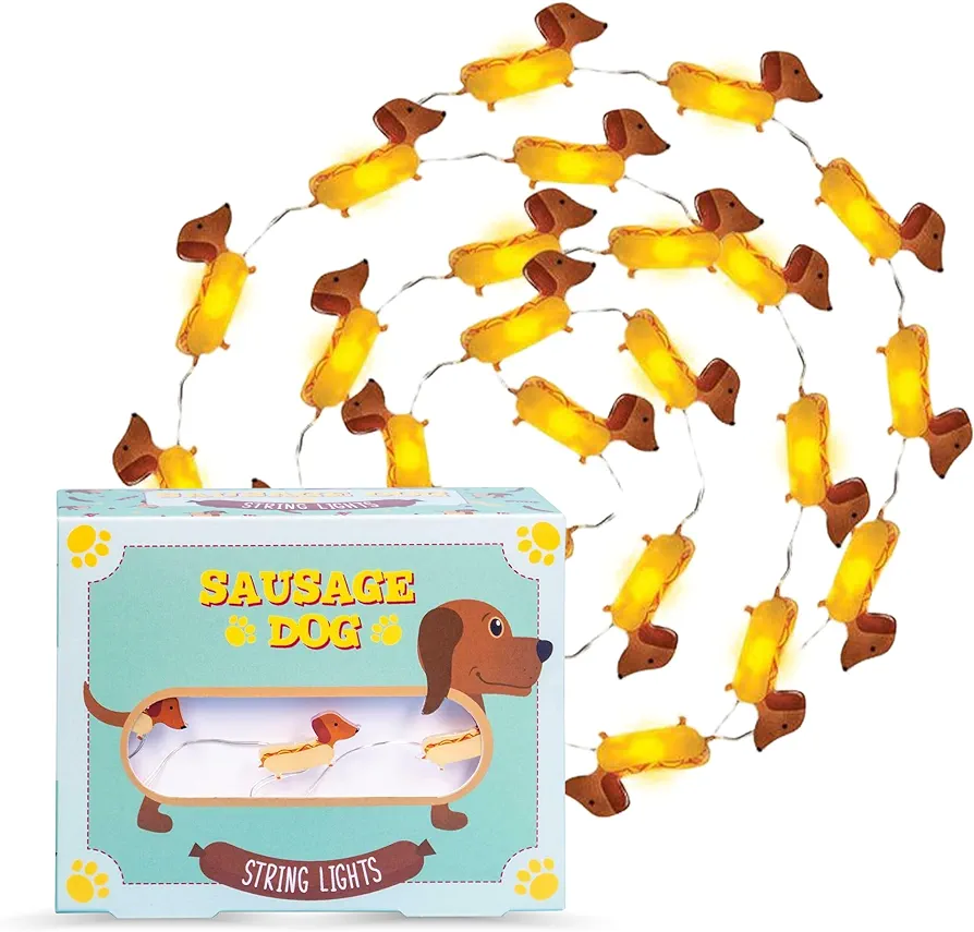 Sausage Dog String Lights. Novelty Lighting includes 20 Mini Sausage Dog Shaped LED Lights on 6.5 Feet Wire. Bedroom Decor & Night Light for Dog Lovers. Battery Operated.