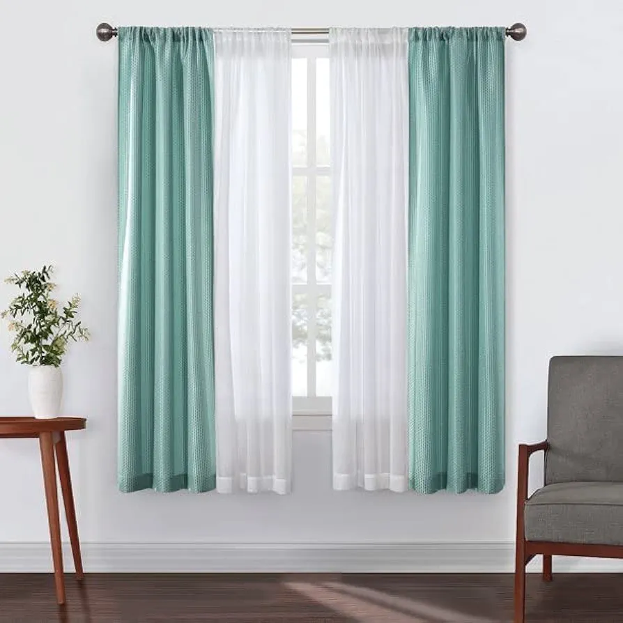 4 Piece Aqua Open Stitch and Solid Window Curtain Sheer Panel Set, Aqua, 37"x63"