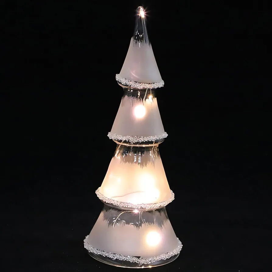 Glass Christmas Tree Light up Mini Tabletop Xmas Tree Light Holiday Figurine Tree Decorations for Living Room Fireplace Party