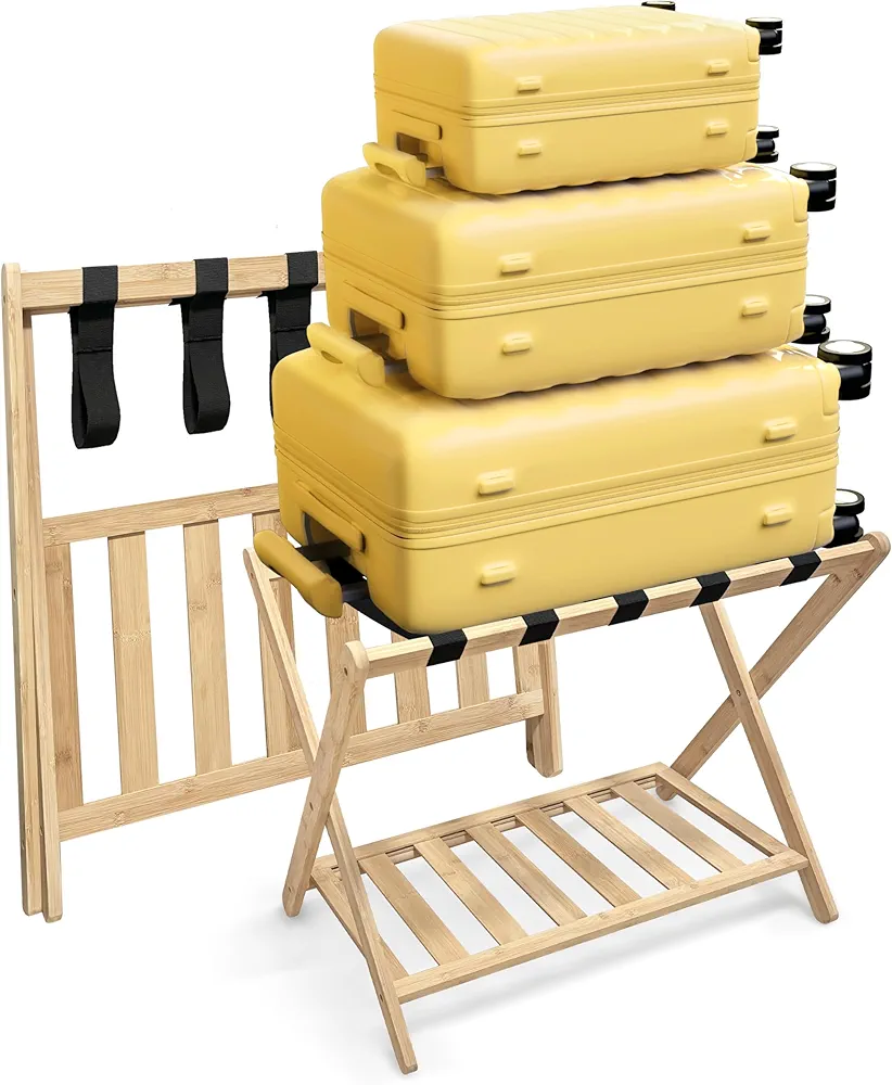 Luggage Rack for Guest Room, Bedroom, Hotel - Natural Bamboo Suitcase Stand, Foldable with 2 Layers - Luggage Racks for Suitcases, up to 150 lbs - Fully Assembled